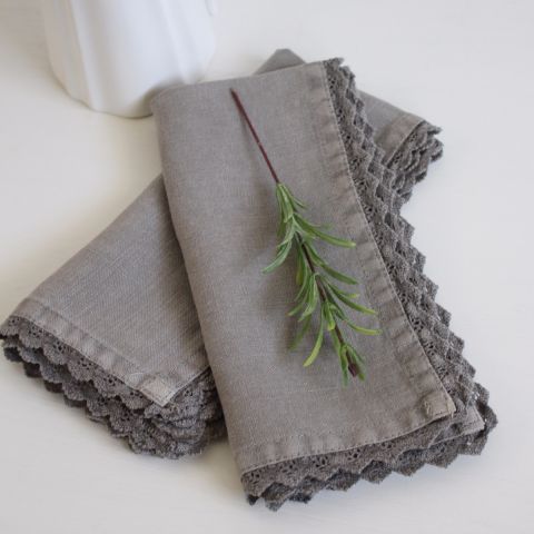 Grey linen napkins with lace edge by Biggie Best at greenfield Lifestyle.